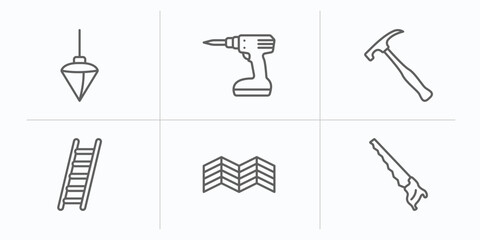 construction tools outline icons set. thin line icons such as plumb bob, cordless drill, brick hammer, ladder, parquet, hand saw vector.