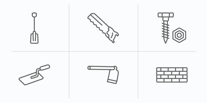 construction tools outline icons set. thin line icons such as working shovel, carpenter saw, nuts and bolts, trowel, gardening digger, brick vector.