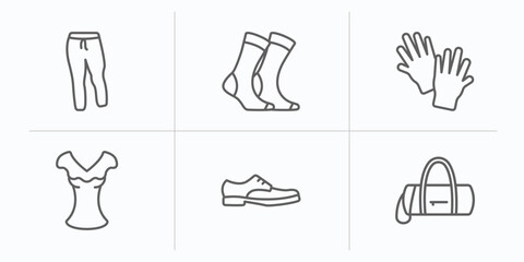 clothes outline icons set. thin line icons such as sweatpants, women socks, wool gloves, chiffon suffle blouse, leather derby shoe, barrel handbag vector.