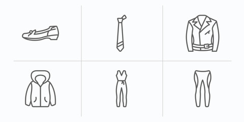 clothes outline icons set. thin line icons such as leather shoes, tie, leather biker jacket, hooded jacket, jumpsuit, leggins vector.