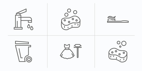 cleaning outline icons set. thin line icons such as faucet cleanin, soap cleanin, toothpaste cleanin, wiping trash can, dress sponge vector. - obrazy, fototapety, plakaty