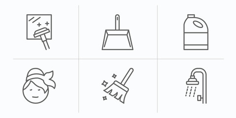 cleaning outline icons set. thin line icons such as window cleanin, wiping dustpan, bleach cleanin, wiping woman head, broom cleanin, shower vector.