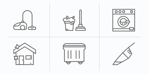 cleaning outline icons set. thin line icons such as wiping vacuum tool, mop cleanin, washing hine cleanin, house cleanin, wiping trash container, vacuum vector.
