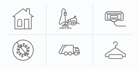 Fototapeta premium cleaning outline icons set. thin line icons such as house, vacuum cleanin, compress cleanin, virus cleanin, garbage truck hanger vector.