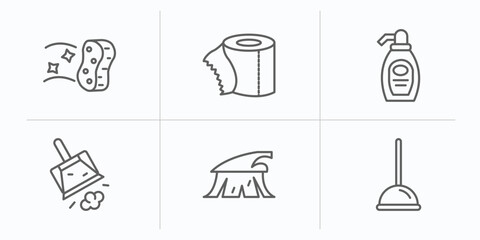 cleaning outline icons set. thin line icons such as wiping sponge tool, toilet paper cleanin, cream cleanin, dustpan cleanin, wiping brush, plunger vector.