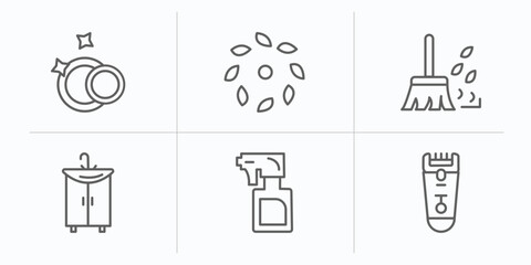 cleaning outline icons set. thin line icons such as clean dishes, leaves, leaf cleanin, sink, wiping sprayer, shaver cleanin vector.