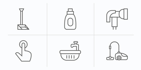 cleaning outline icons set. thin line icons such as dust pan, stain remover, garden hose, tap, water soak, hoover vector.