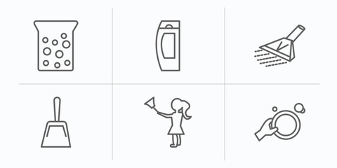 cleaning outline icons set. thin line icons such as hard water, shampoo, carpet cleaning, dustpan, housekeeping, washing dishes vector.