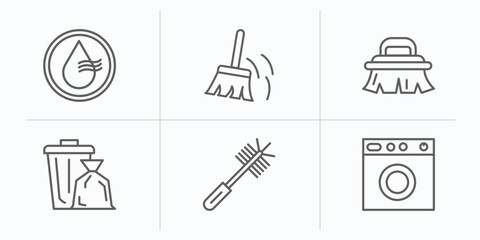 cleaning outline icons set. thin line icons such as dry, wiping swipe for floors, brush cleanin, trash cleanin, toilet brush cleanin, washing vector.