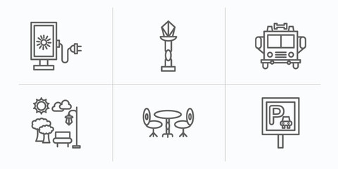 city elements outline icons set. thin line icons such as lightbox, street lamp, fire truck, park, chair and table, parking vector.