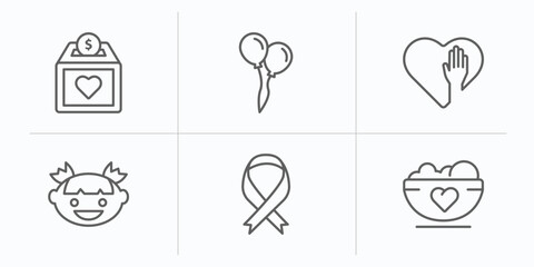 charity outline icons set. thin line icons such as donation box, ballons, voluntary service, smiley face, awareness, charity food vector.