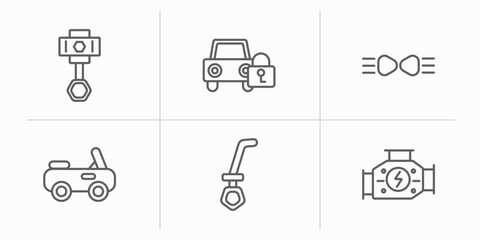 car parts outline icons set. thin line icons such as car cylinder, car lock, parking light, soft top, dipstick, carburettor vector.