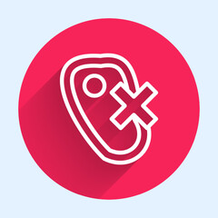Obraz premium White line No meat icon isolated with long shadow background. No fast food allowed - vegetarian food. Red circle button. Vector