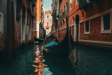 Fototapeta na wymiar Vibrant Venice canal painting with a gondola depicts a travel poster and wallpaper. Generative AI