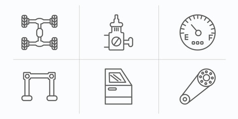 car parts outline icons set. thin line icons such as car chassis, car choke, fuel gauge, torsion bar, trim, camshaft vector.