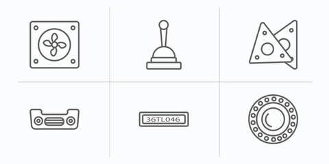 car parts outline icons set. thin line icons such as car fan, car handbrake, gasket, bumper, numberplate, bearing vector.