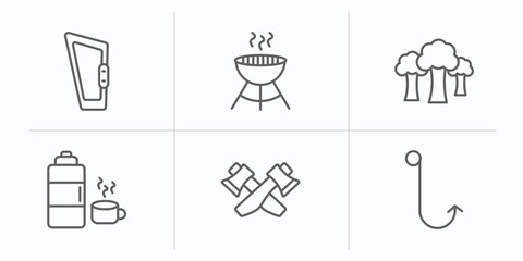 camping outline icons set. thin line icons such as carabiner, grill, trees, thermos, hatchet, hook vector.