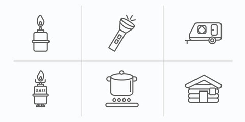 camping outline icons set. thin line icons such as cooking gas, flashlight, camper, camping gas, pot on fire, cabin vector.