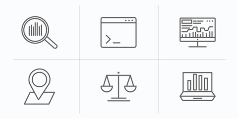 business and analytics outline icons set. thin line icons such as search analytics, terminal, stock market, 3d location graph, legal, laptop with analysis vector.