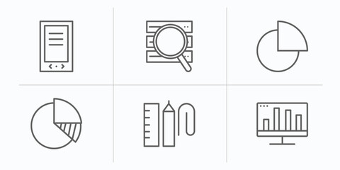 business and analytics outline icons set. thin line icons such as gadget, stock data analysis, chart pie, data analysis pie chart, supplies, bars graphic on screen vector.