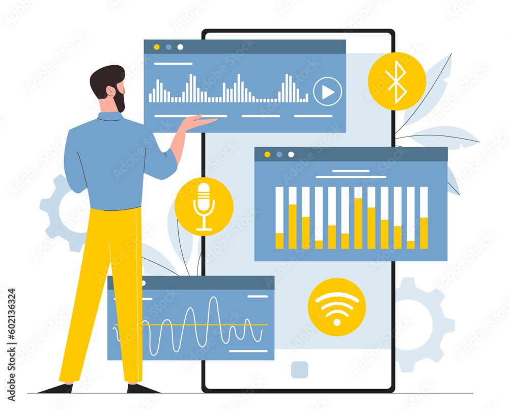 Poster voice assistant software. man communicates with artificial intelligence. analysis of commands and so