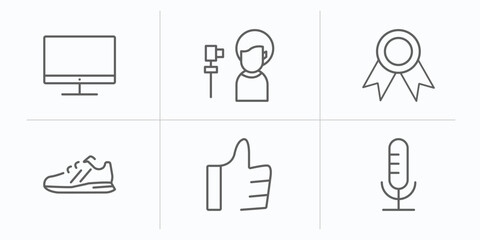 blogger and influencer outline icons set. thin line icons such as monitor, vlogger, label, sport shoe, like, microphone vector.