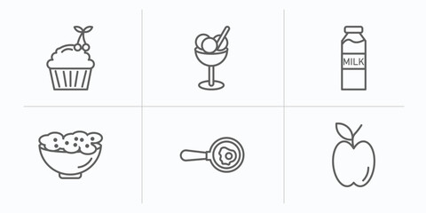 bistro and restaurant outline icons set. thin line icons such as cupcake with cherry, ice cream balls cup, milk brick, appetizers bowl, restaurant fried egg, with skin vector.