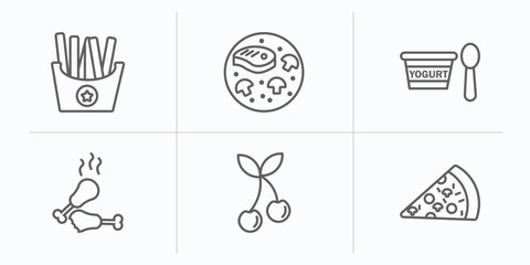 bistro and restaurant outline icons set. thin line icons such as french fries box, combine meal, yogurt with spoon, chicken thigh, two cherries, pepperoni pizza slice vector.