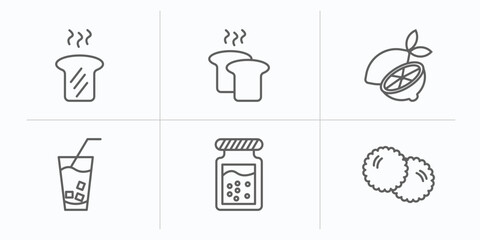 bistro and restaurant outline icons set. thin line icons such as toasted bread, load of bread, half lemon, lemonade with straw, jar full of food, pita bread vector.