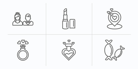 birthday and party outline icons set. thin line icons such as wedding couple, lipstick, wedding location, wedding rings, love potion, sweet vector.