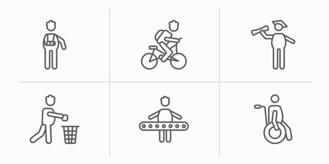 behavior outline icons set. thin line icons such as fracture arm, man cycling, stick man graduated, throwing trash, engineer working, man on wheelchair vector.