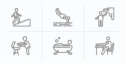 behavior outline icons set. thin line icons such as climbing stairs, headfirst to water, man painting wall, man with, man bathing, eating vector.