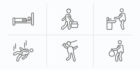 behavior outline icons set. thin line icons such as laying in bed, man shopping, washing hands, man falling, man throwing javelin, carry garbage vector.