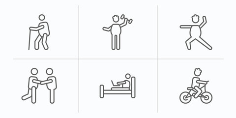 behavior outline icons set. thin line icons such as old man walking, man fitness, man warming up, two friends, laptop chatting on bed, riding bicylce vector.