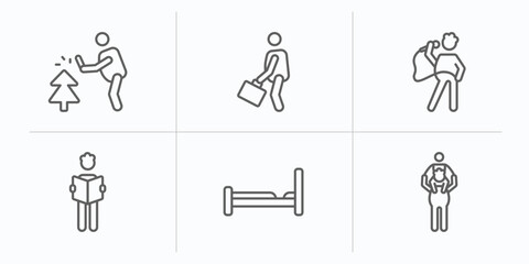 behavior outline icons set. thin line icons such as prune hedge, going to work, singer with microphone, stick man reading, making the bed, piggyback a kid vector.