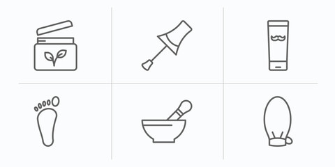beauty outline icons set. thin line icons such as feet cream, nail brush, moustache product, one foot, mortar bowl, exfoliating mitt vector.