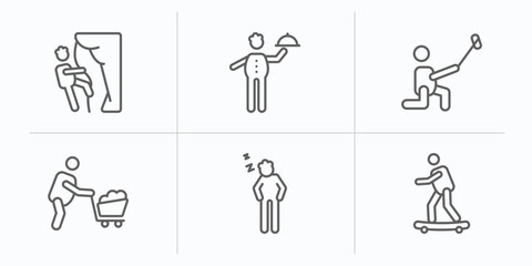 Fototapeta premium behavior outline icons set. thin line icons such as man climbing, waiter with food tray, man selfie, man wirth carry, snoozing, skating vector.