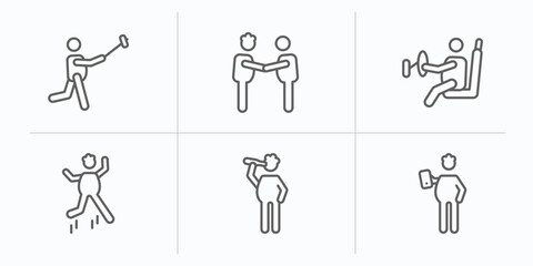 behavior outline icons set. thin line icons such as man taking a selfie, two men meeting, man driving, stick man jumping, drinking, with mobile phone vector.