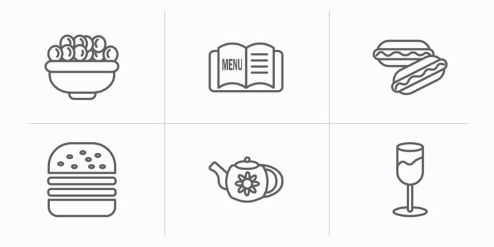 bistro and restaurant outline icons set. thin line icons such as bowl of olives, open menu, hot dog with ketchup, complete hamburger, vintage teapot, wide glass vector.