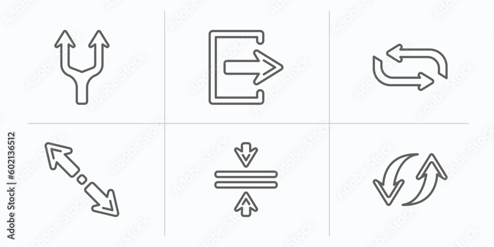 Poster arrows outline icons set. thin line icons such as splitting arrow, exit right, looping arrow, diagon