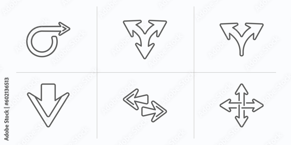 Poster arrows outline icons set. thin line icons such as right circling arrow, split triangle, split arrows