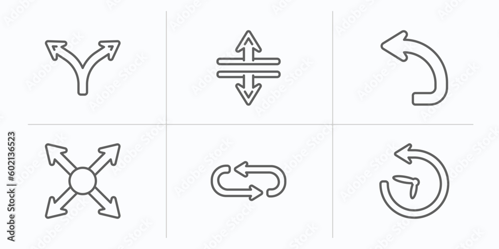 Poster arrows outline icons set. thin line icons such as divide, split vertical, turn left, resize, loop ar