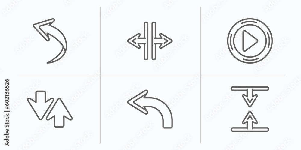 Poster arrows outline icons set. thin line icons such as curved arrow, horizontal resize, play button, sort