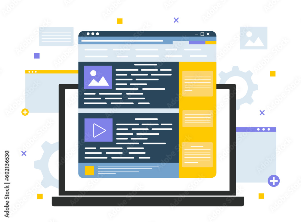Poster website design concept. writing page code. programming, front end and back end development. video an