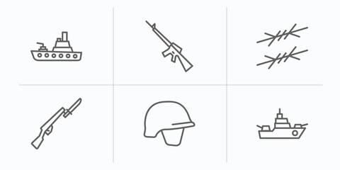 army and war outline icons set. thin line icons such as army boat, automatic gun, barbed wire, bayonet on rifle, military helmet, warship vector.