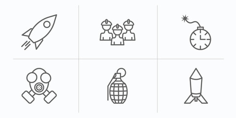 army and war outline icons set. thin line icons such as launcher, brigade, time bomb with clock, gas mask, granade, depth charge vector.
