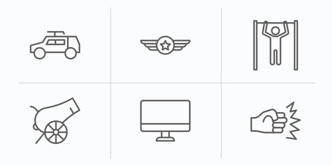 army and war outline icons set. thin line icons such as army car, air force, pull up, canon, computer, assault vector.