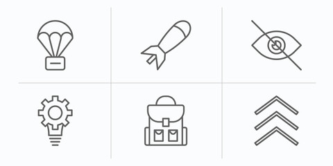 army and war outline icons set. thin line icons such as parachute, airplane bomb, stealth, strategy, backpack, chevrons vector.