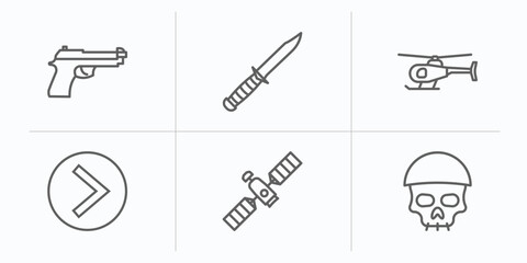Obraz premium army and war outline icons set. thin line icons such as pistol, combat knife, helicopter, chevron, military satellites, skull army vector.