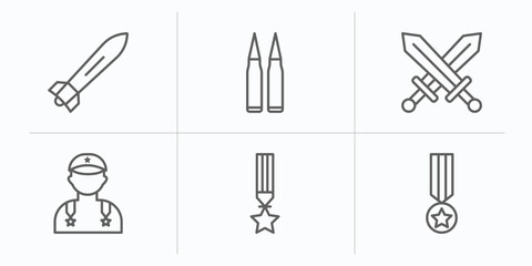 army and war outline icons set. thin line icons such as torpedo, two bullets, combat, general, militaty medal, condecoration vector.